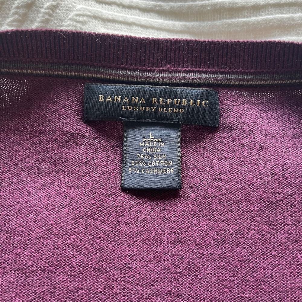 Banana Republic Men's L Luxury Blend Sweater Silk Cashmere Cotton V-Neck Plum - Picture 3 of 6